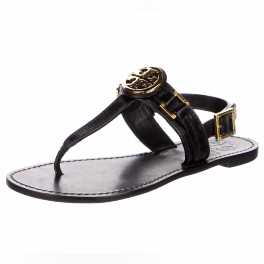 Tory Burch Black Leather T-Strap Sandals with Gold Hardware